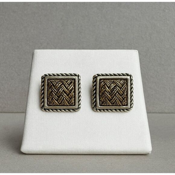 Vintage Womens Chunky Silver Gold Tone Braided Embossed Square Clip On Earrings - Picture 1 of 4